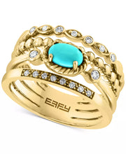 [14K, 1/6 Ct. T.W.] Gold Turquoise & Diamond Multi Row Ring