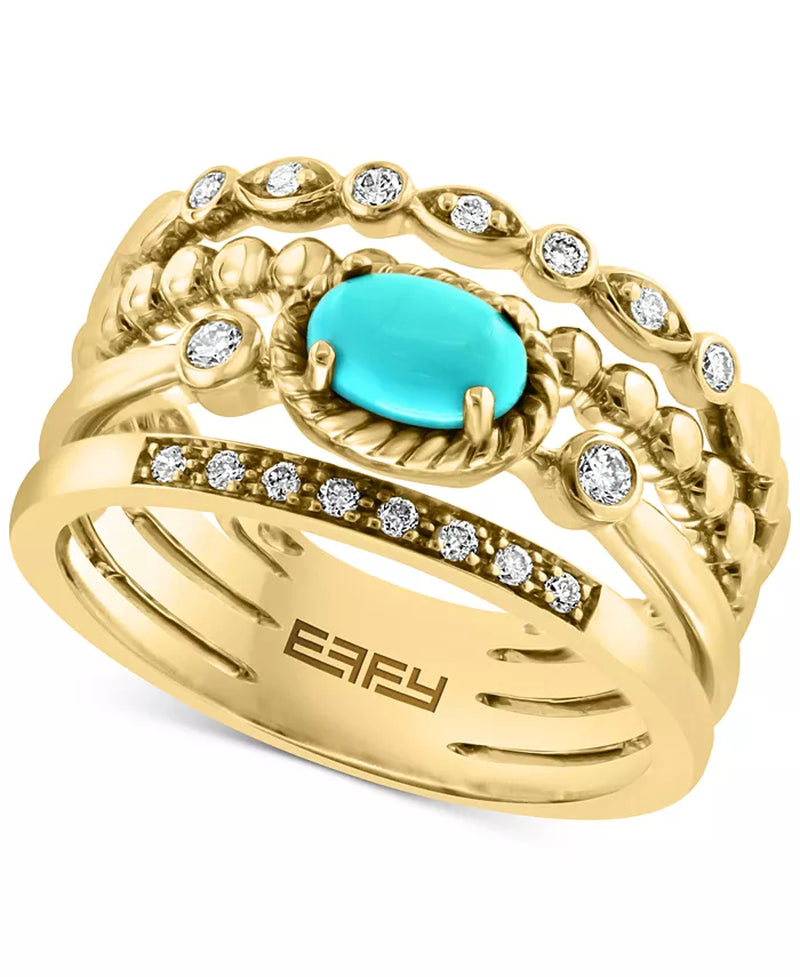 [14K, 1/6 Ct. T.W.] Gold Turquoise & Diamond Multi Row Ring