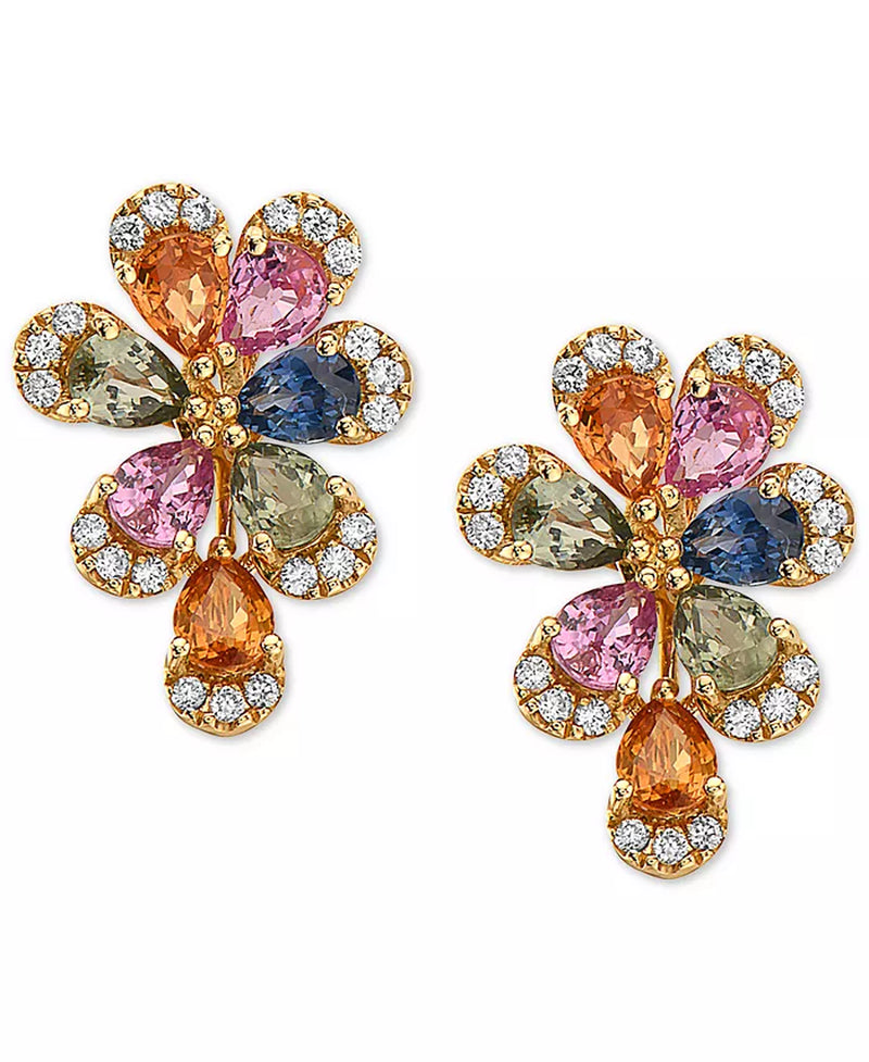 [14K] Gold Multi-Sapphire (2-1/2 Ct. T.W.) & Diamond (1/5 Ct. T.W.) Flower Stud Earrings