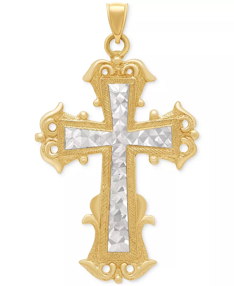 [14K] Gold Two-Tone Textured Inlay Fancy Cross Pendant