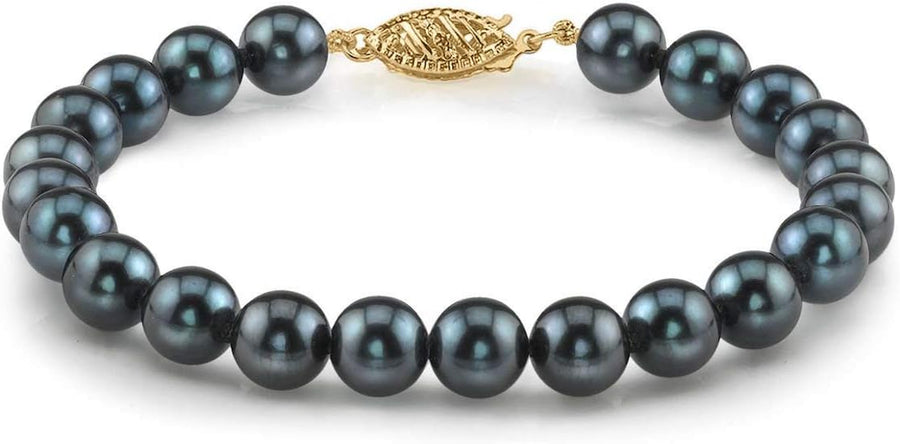 Pearl Bracelet for Women 5.5-6.0Mm Black Japanese Akoya Cultured Pearls in AA+ Quality with 14K Gold -