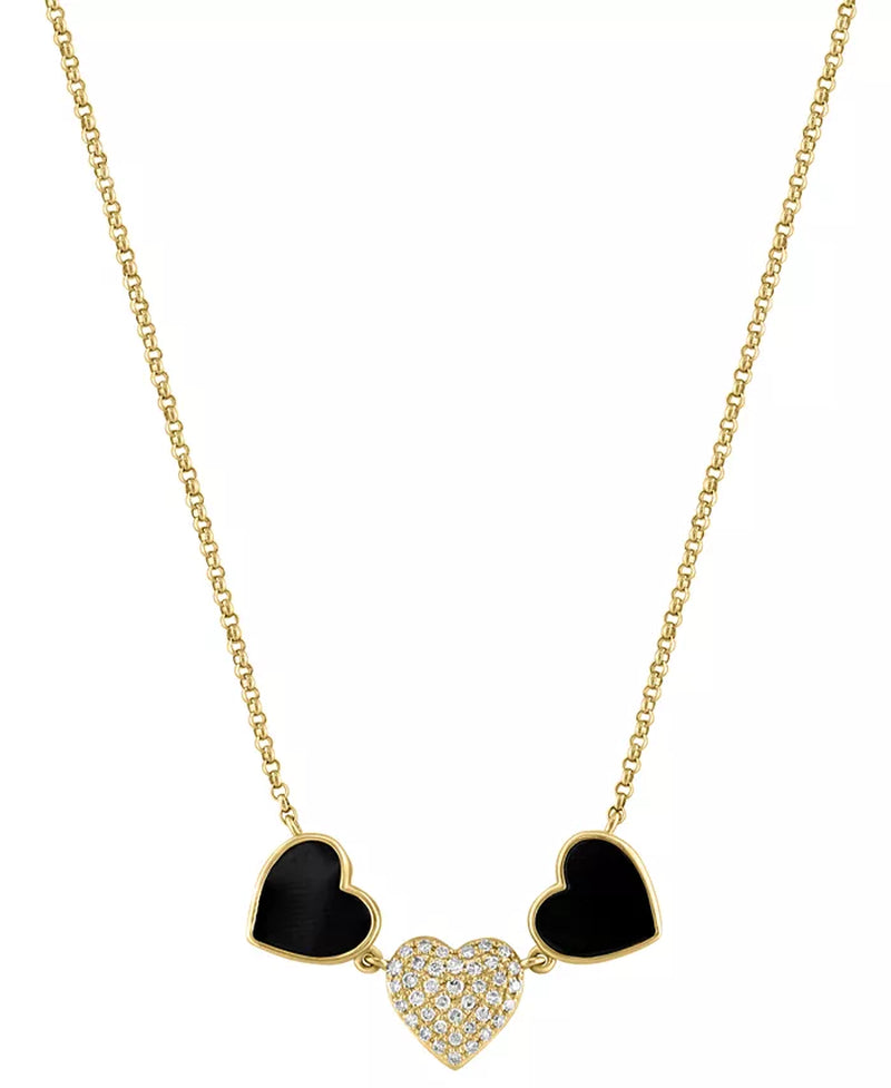 [14K, 1/10 Ct. T.W.] Gold Onyx & Diamond Heart Collar Necklace