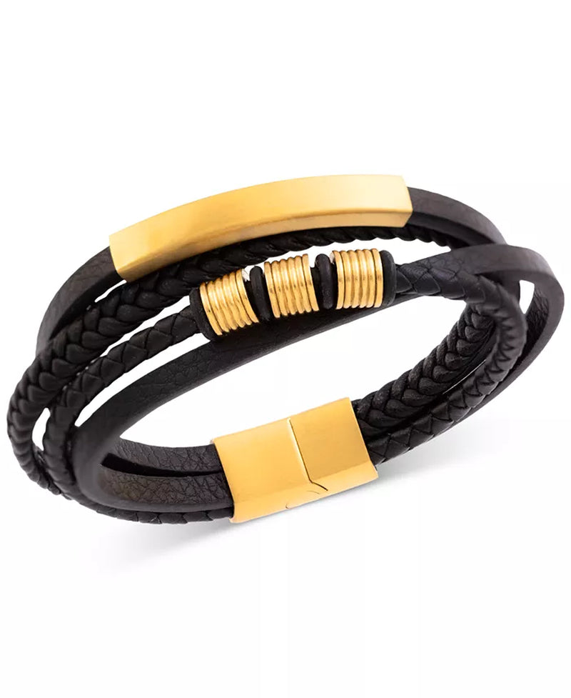 Gold-Tone Ion-Plated Stainless Steel Mens Multirow Black Fiber Bracelet