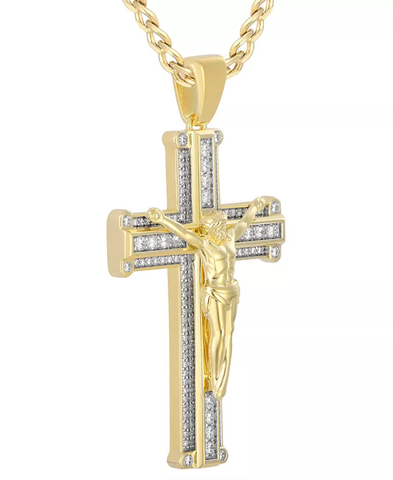 [10K, 1 Ct. T.W.] Gold Men's Diamond Crucifix Cross 22" Pendant Necklace