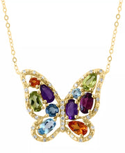 [ 14K] Gold, Multi-Gemstone (1-3/4 Ct. T.W.) & Diamond (1/8 Ct. T.W.) Butterfly Pendant