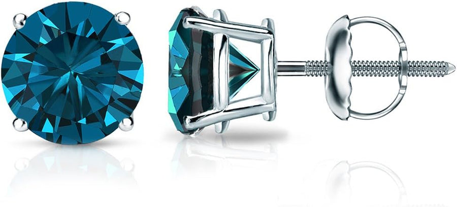 [1/4-2 Ct] Platinum Blue Diamond 4-Prong Basket Screw-Back Stud Earrings 