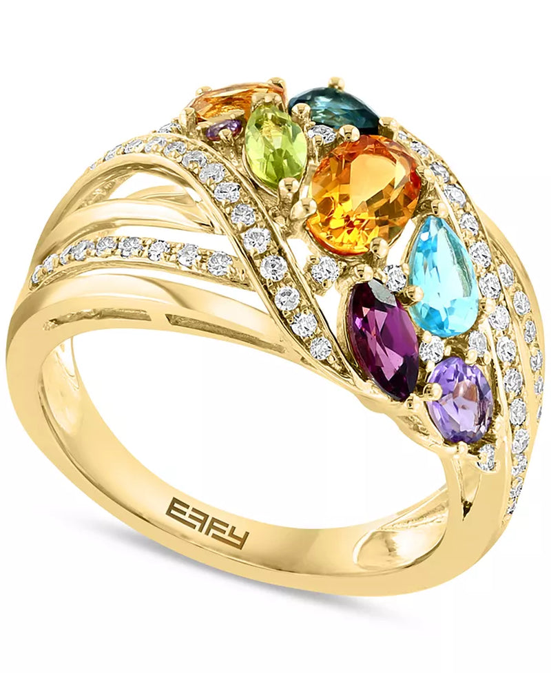 [14K] Gold  Multi-Gemstone (1-3/4 Ct.T.W.) & Diamond (1/4 Ct. T.W.) Cluster Statement Ring