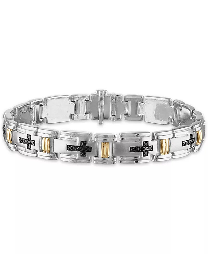 [10K] Yellow Gold & Sterling Silver Mens 3/4 Carat Black Diamond Link 8 1/2" Bracelet 