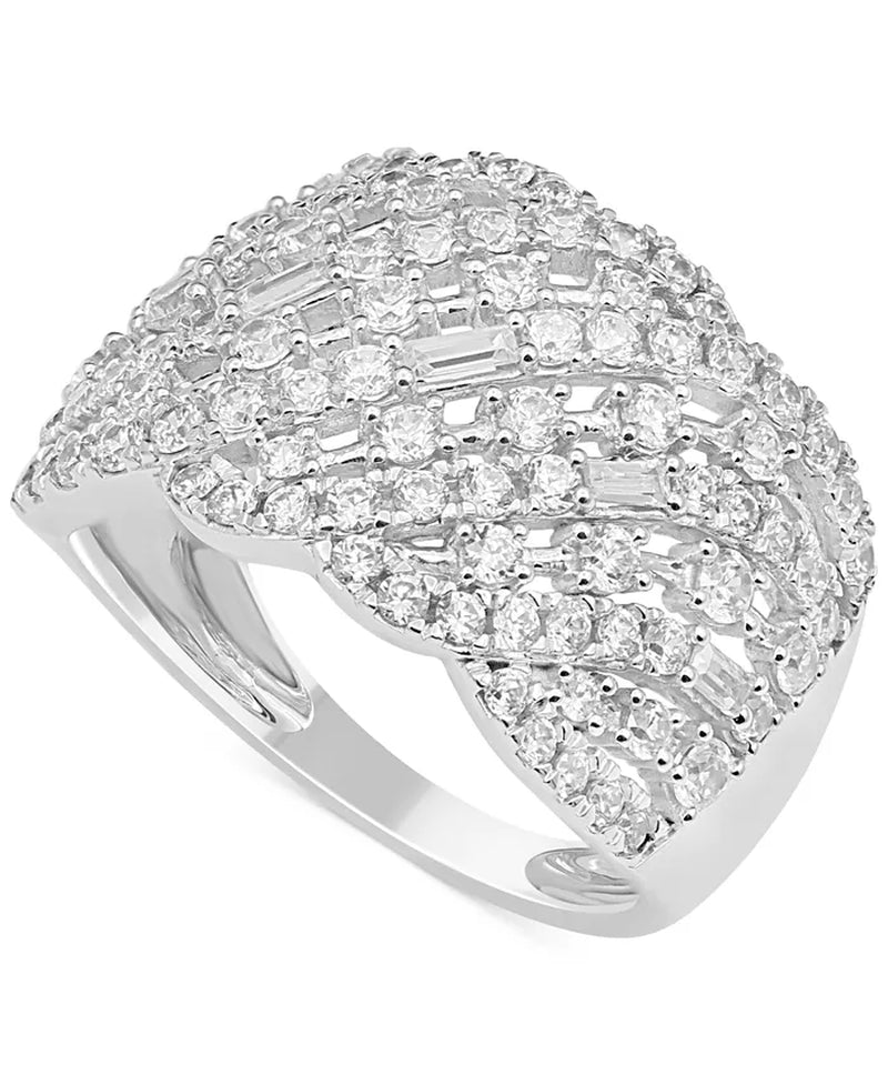 [14K, 1-1/2 Ct. T.W.] White Gold Diamond Round & Baguette Diagonal Cluster Ring