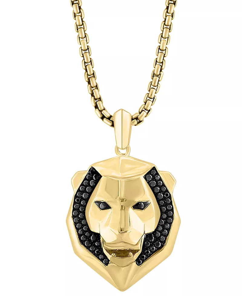 [14K, 1/10 Ct. T.W.] Gold-Plated Sterling Silver Black Spinel Lion Head 22" Pendant