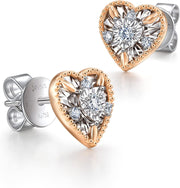 [18K, 0.107 Cttw] White & Rose Gold Heart Diamond Stud Earrings