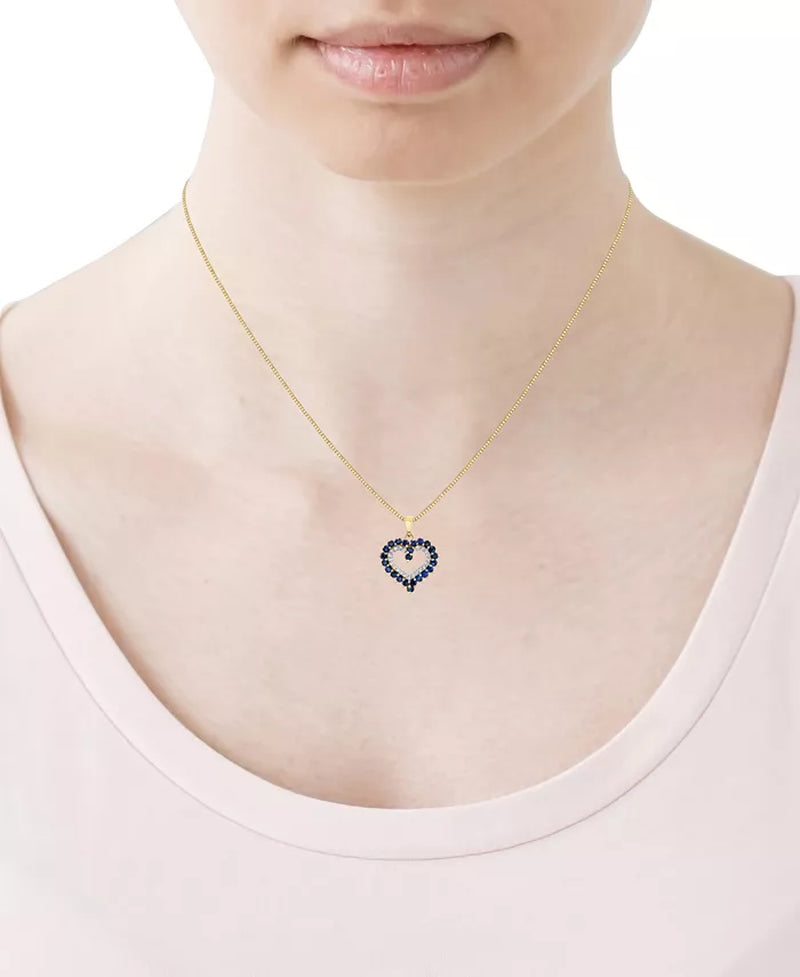 [10K] Gold Sapphire (1-3/8 Ct.Tw) & Diamond (1/10 Ct. T.W.) Open Heart 18" Pendant