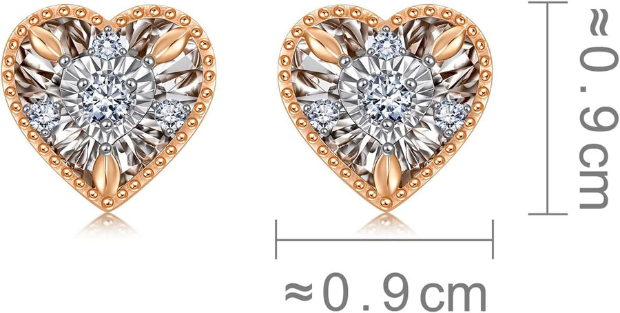 [18K, 0.107 Cttw] White & Rose Gold Heart Diamond Stud Earrings