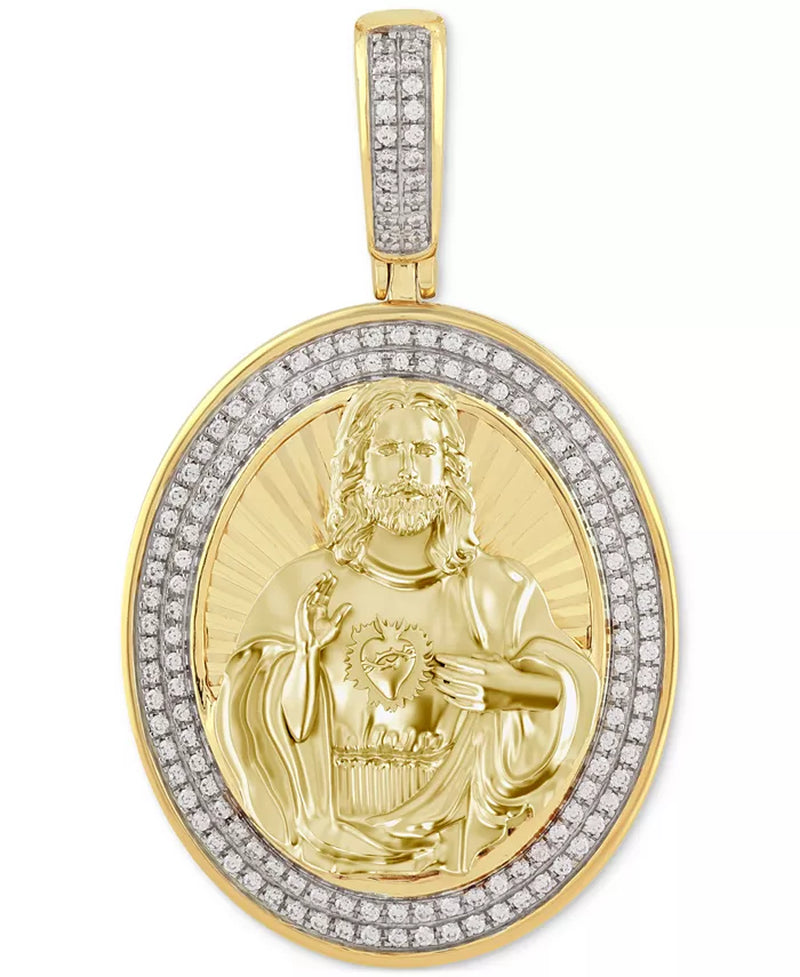 [10K, 1/3 Ct. T.W.] Gold Diamond Framed Christ Medallion Pendant 