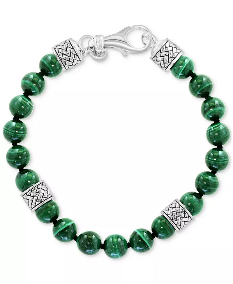 [8Mm] Sterling Silver Men's Malachite  Beaded Bracelet