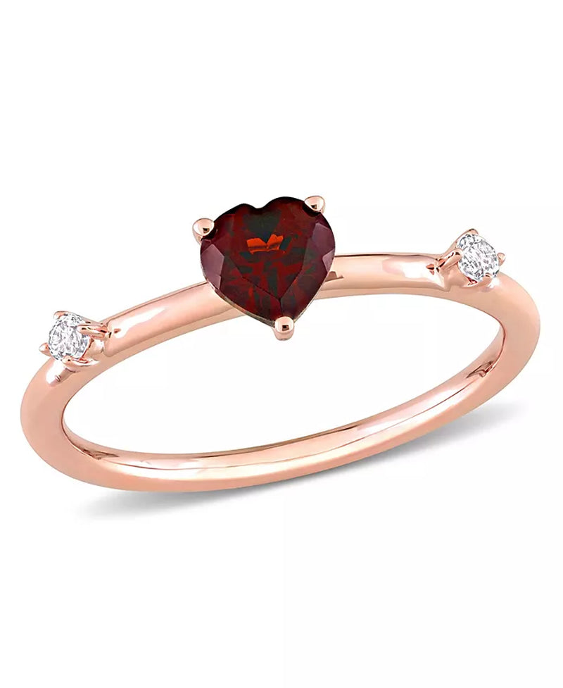 [10K, 1/2 T.C.W.] Rose Gold Garnet & White Topaz Heart Stackable Ring