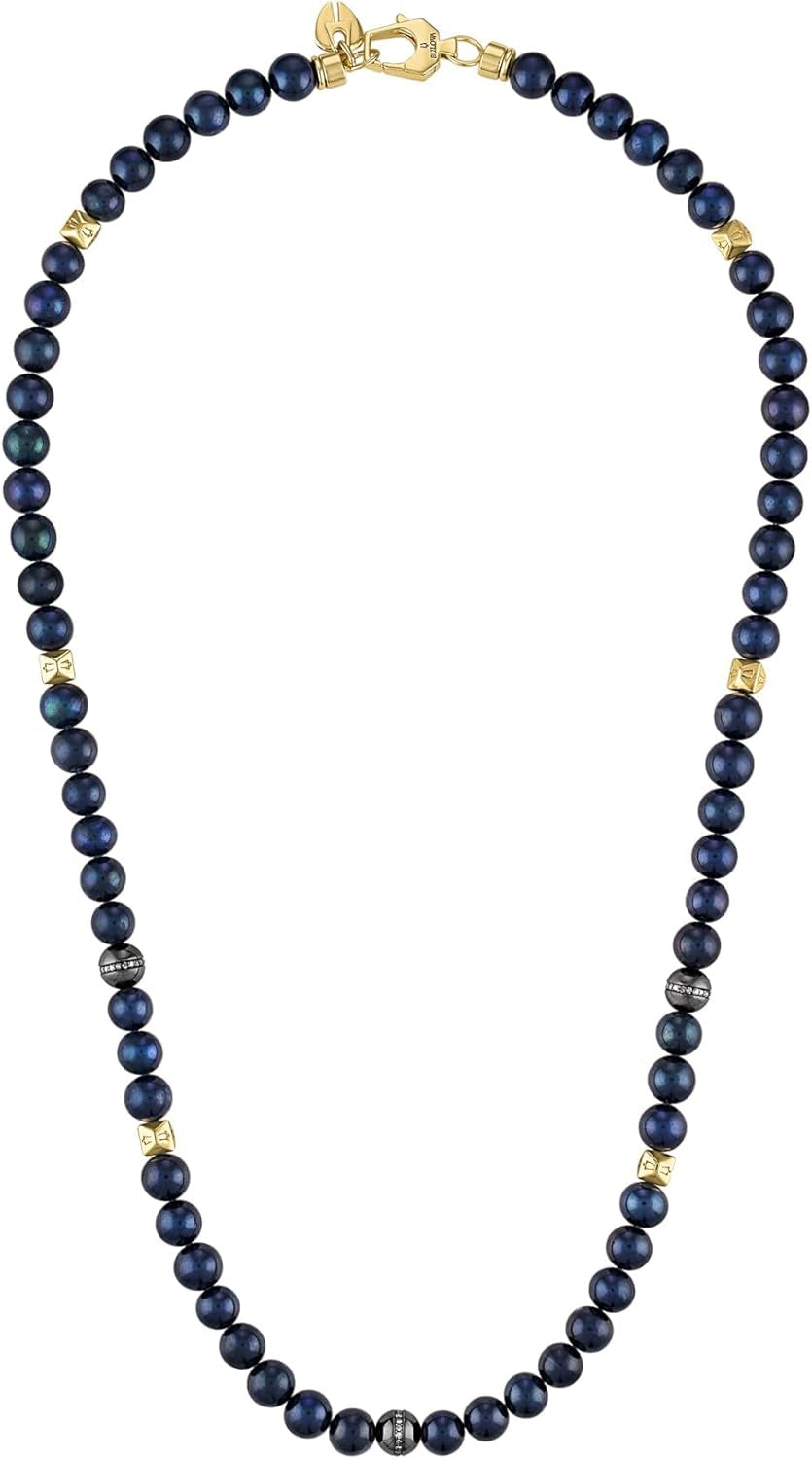 Sterling Silver - Beaded Navy Fresh Water Pearls Accented with Diamonds, and Gold-Tone Hexagonal Spheres Necklace