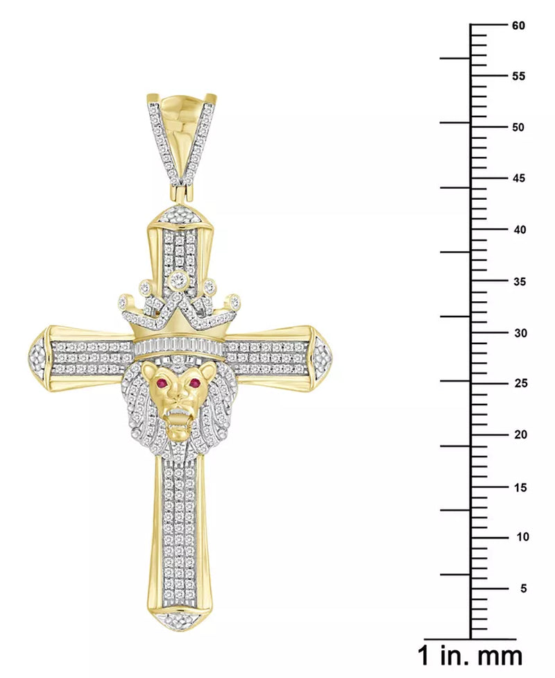 [10K] Gold Diamond (3/8 Ct. T.W.) & Ruby (1/10 Ct. T.W.) Lion Cross Pendant