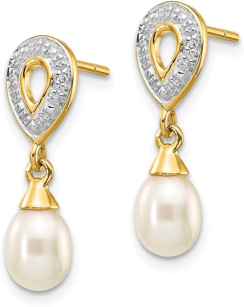 [14K, .01Ct ] Yellow Gold White Teardrop Cultured Pearl Diamond Earrings