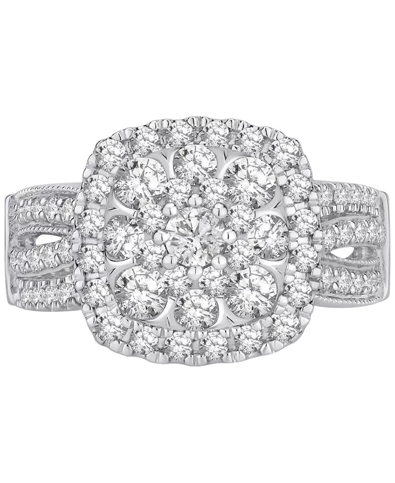 [14K, 2 Ct. T.W.] White Gold Diamond Square Cluster Engagement Ring