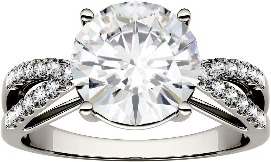 [14K,  2.92 Cttw] Solid Gold Created Moissanite Round Cut Engagement Ring