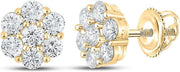 [14K, 1-1/2 Cttw] Yellow Gold Mens Round Diamond Flower Cluster Stud Earrings 