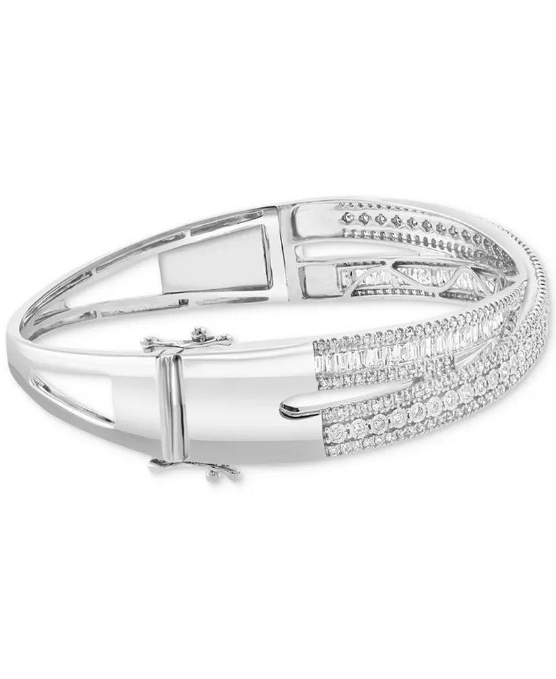 [14K, 2-1/6 Ct. T.W.] White Gold Diamond Round & Baguette Crossover Bangle Bracelet