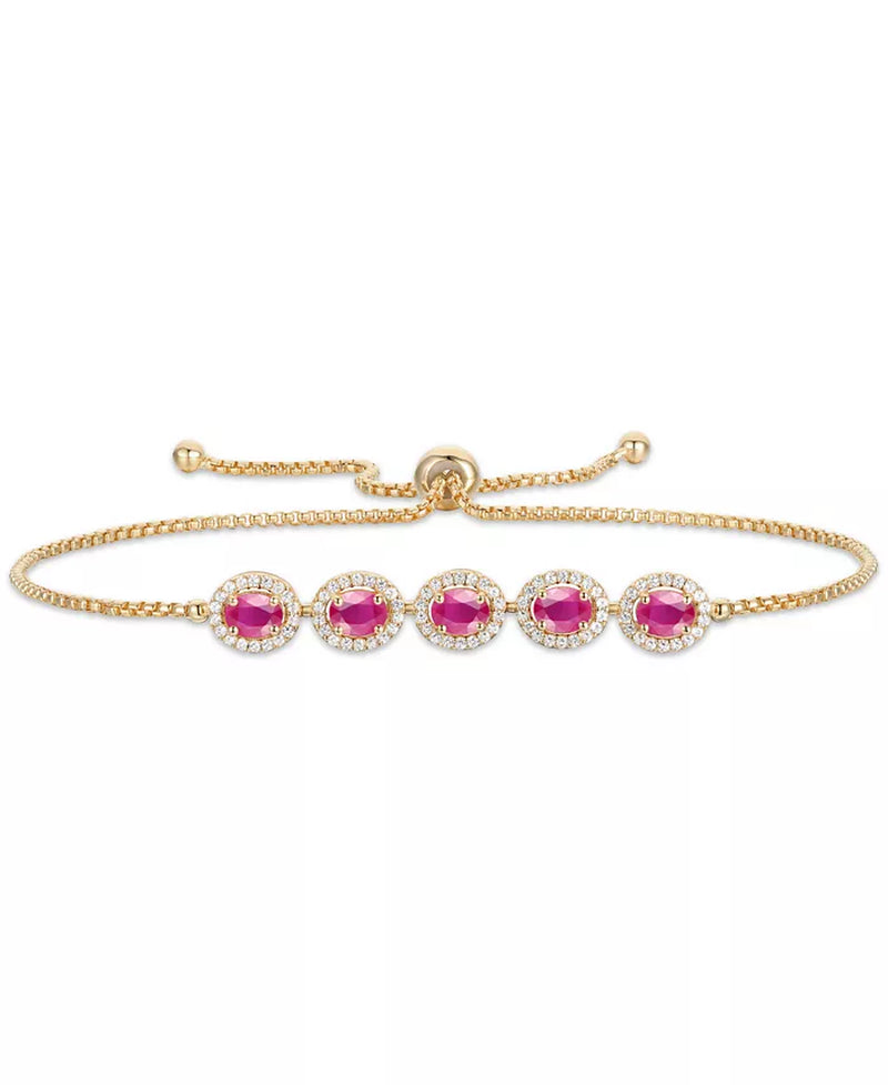 [1-5/8 Ct. T.W.] 14K Gold Ruby & 1/3 Ct. T.W Diamond Halo Bolo Bracelet