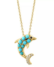 [14K, 1/20 Ct. T.W.] Gold Turquoise & Diamond Dolphin 18" Pendant