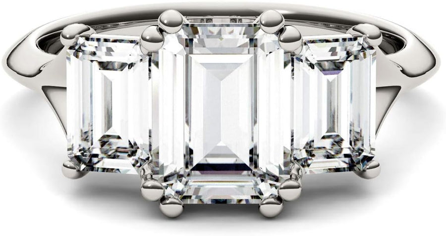 [14K, 2.91 Cttw]  White Gold with Rhodium Lab Created Moissanite Emerald Cut Engagement Ring 