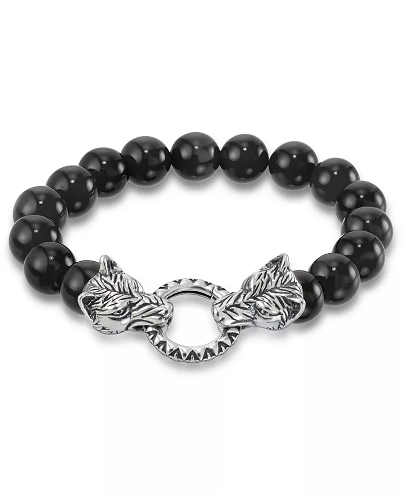 Men's Stainless Steel Wolf Head Tiger's Eye Bead  Bracelet