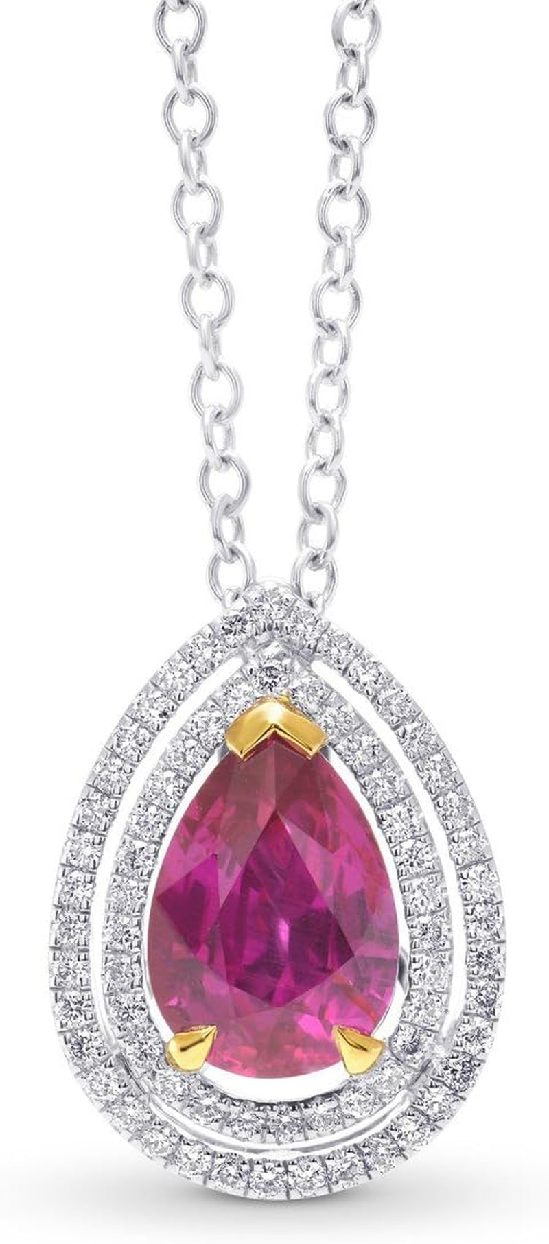 [18K] White/Yellow Gold Ruby Side Diamonds Halo Pendant Necklace