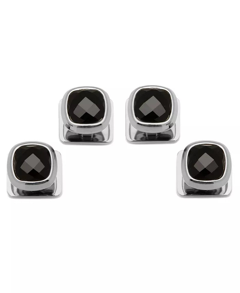 Mens Stainless Steel Faceted Onyx Cufflink and Stud Set