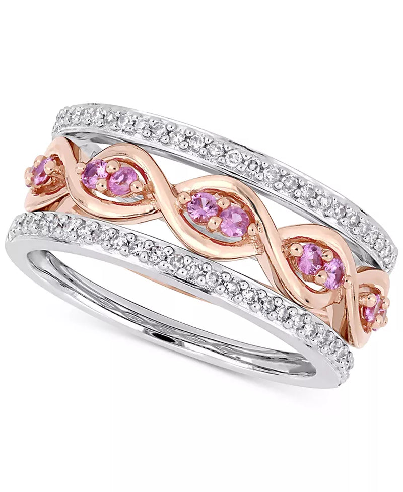 [14K] Rose & White Gold 3-Pc. Set Pink Sapphire (1/3 Ct. T.W.) & Diamond (1/4 Ct. T.W.) Bands