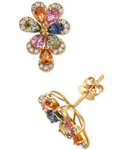 [14K] Gold Multi-Sapphire (2-1/2 Ct. T.W.) & Diamond (1/5 Ct. T.W.) Flower Stud Earrings