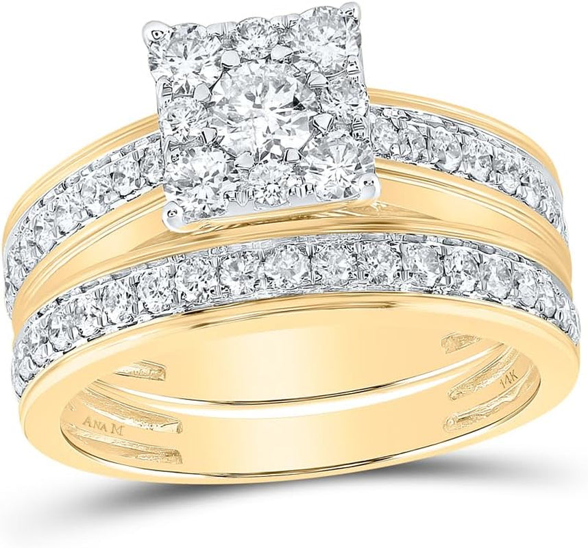 His and Hers Bridal Womens and Mens Engagment and Wedding Band Complete Trio Matching Wedding Rings Set 14K Yellow Gold round Diamond Cluster 2-1/5 Cttw