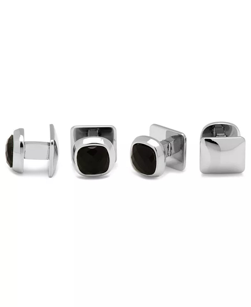 Mens Stainless Steel Faceted Onyx Cufflink and Stud Set