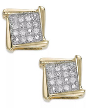 [10K] Yellow or Rose Gold White Diamond Accent Square Stud Unisex Earrings