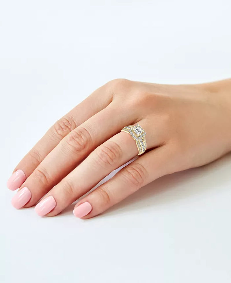 [14K, 1-1/2 Ct. T.W.] Gold Diamond Princess Halo Triple Row Engagement Ring