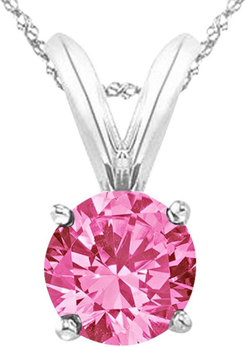 [1/2-5 Ct.] Round Pink Sapphire 4 Prong Pendant Necklace With 16" Gold Chain