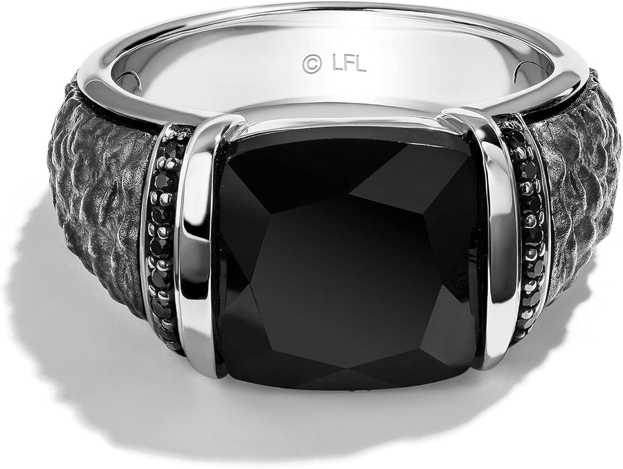 [1/6 Ct.Tw.] Carbonite Black Diamonds and Onyx Silver and Black Rhodium Ring