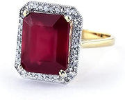 [18K, 7.45 Ct ] Yellow Gold Emerald Cut Octagon Shape Ruby Halo Diamond Ring