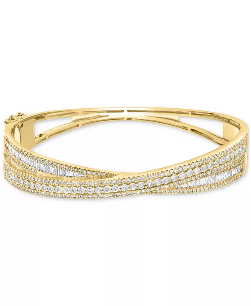 [2-1/6 Ct. T.W.] 14K Two-Tone Gold Diamond Round & Baguette Crossover Bangle Bracelet