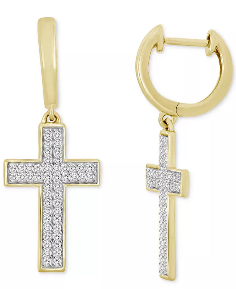 [10K, 1/4 Ct. T.W.] Gold Mens Diamond Cross Dangle Huggie Hoop Earrings