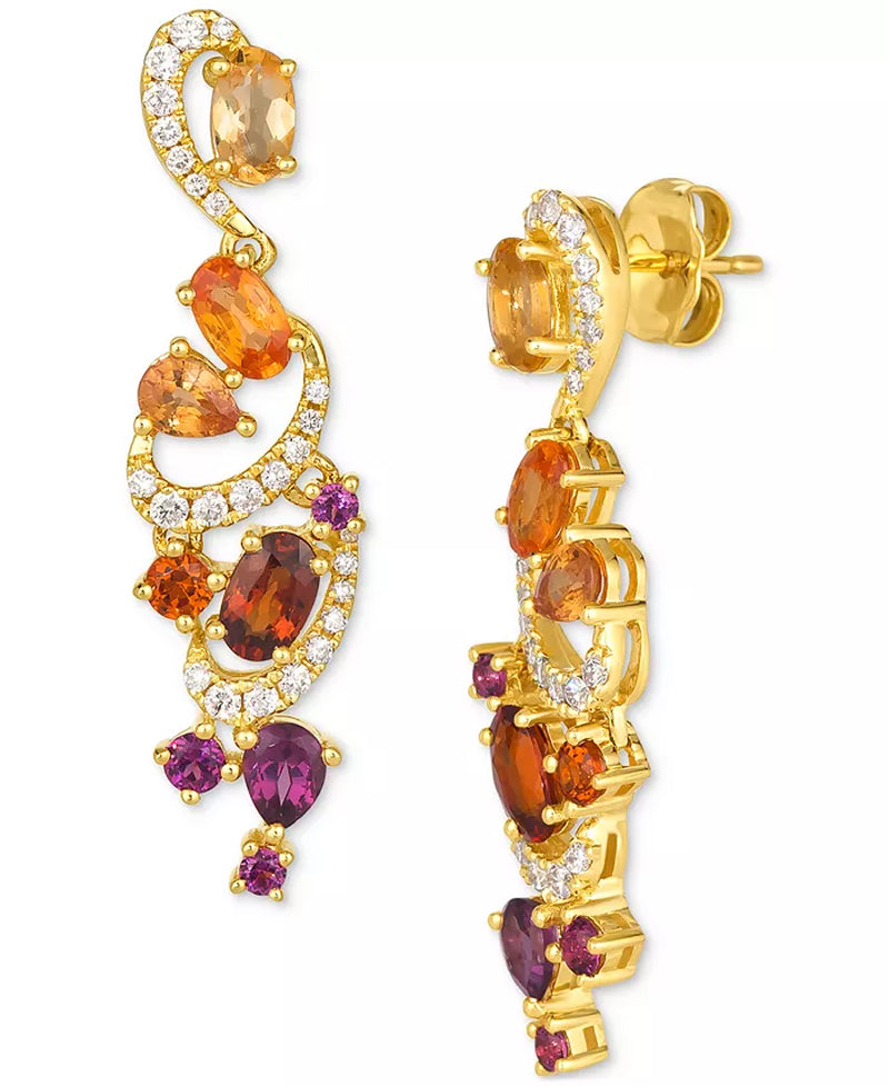 [14K] Gold Multi-Gemstone (2-1/2 Ct. T.W.) & Vanilla Diamond (1/4 Ct. T.W.) Swirl Drop Earrings