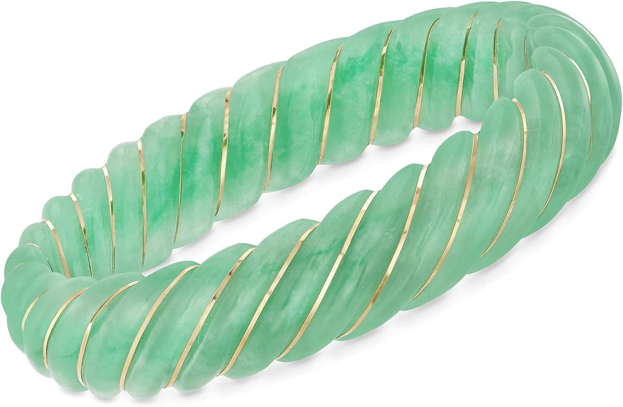 [14 Kt] Yellow Gold Carved Jade Bangle Bracelet