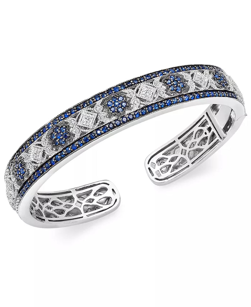 [2-3/4 Ct. T.W.] Sterling Silver Sapphire & Diamond (1/10 Ct. T.W.) Cuff Bangle Bracelet