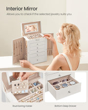 6 Tier Jewelry Box - 5 Drawers, Large Capacity, Mirror, Lockable, Jewelry Organizer