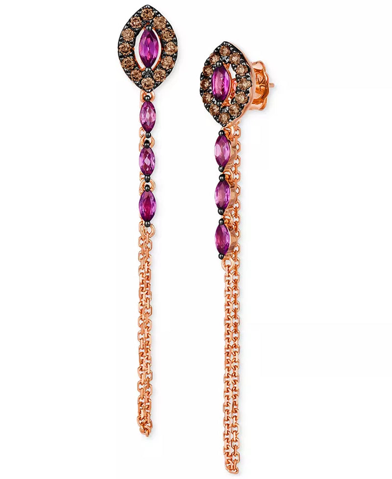 [14K] Rose Gold Chocolatier Raspberry Rhodolite (3/4 Ct. T.W.) & Chocolate Diamonds (3/8 Ct. T.W.) Linear Drop Earrings