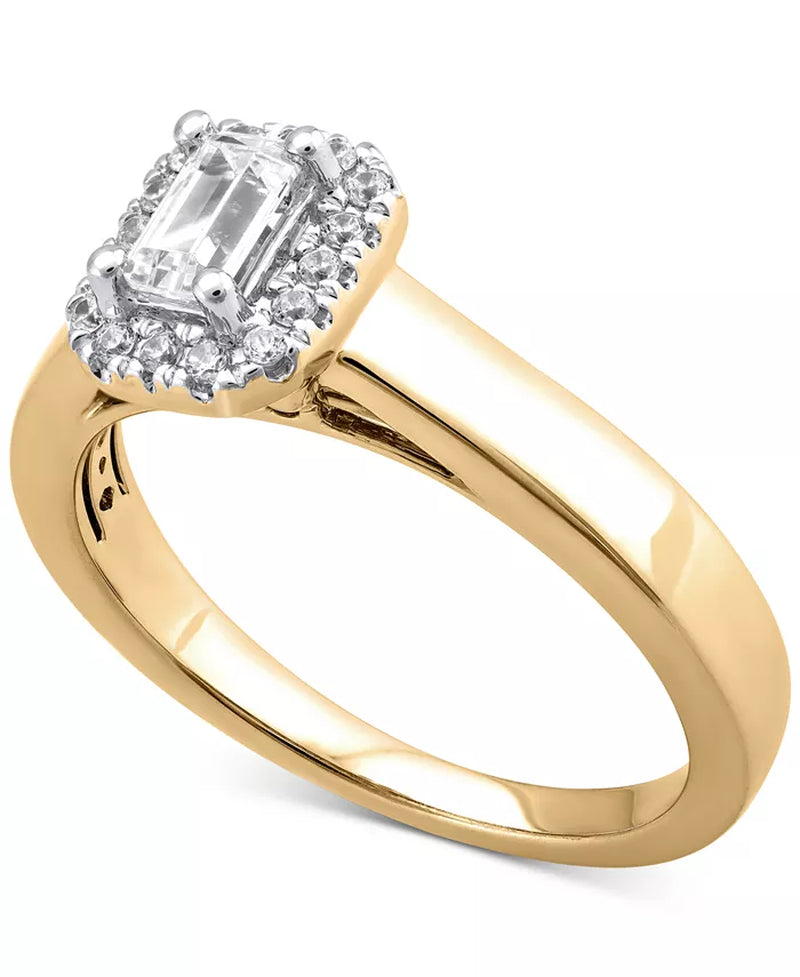 [14K, 1/2 Ct. T.W.] Gold Diamond Emerald-Cut Halo Engagement Ring